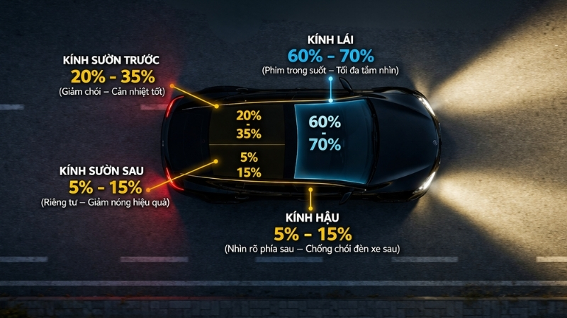 Cách chọn màu phim cách nhiệt phù hợp cho từng vị trí kính xe